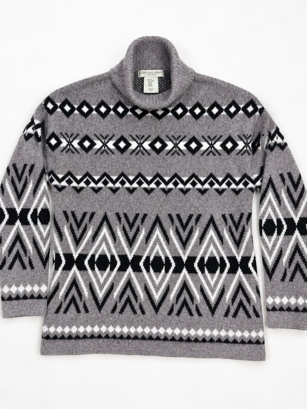 Christian Siriano New York Fair Isle Mock Neck Sweater M Gray Black White